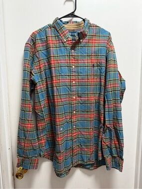 Ralph Lauren Men's Blue Multicolor Plaid Khaki Trim Button Up Shirt Sz XXL